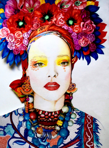 Illustration-Frauenportrait-mit-Blumen